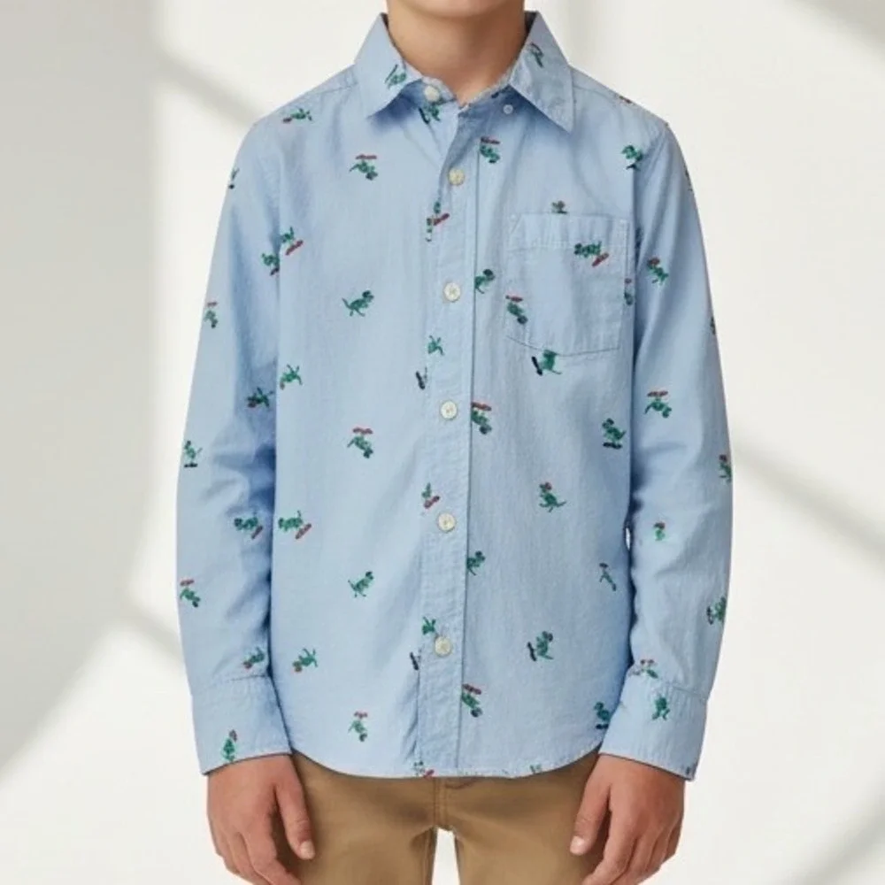 OshKosh Button Down Shirt Kids Size 8 Blue Dinosaur‎ Skateboard Long Sleeve